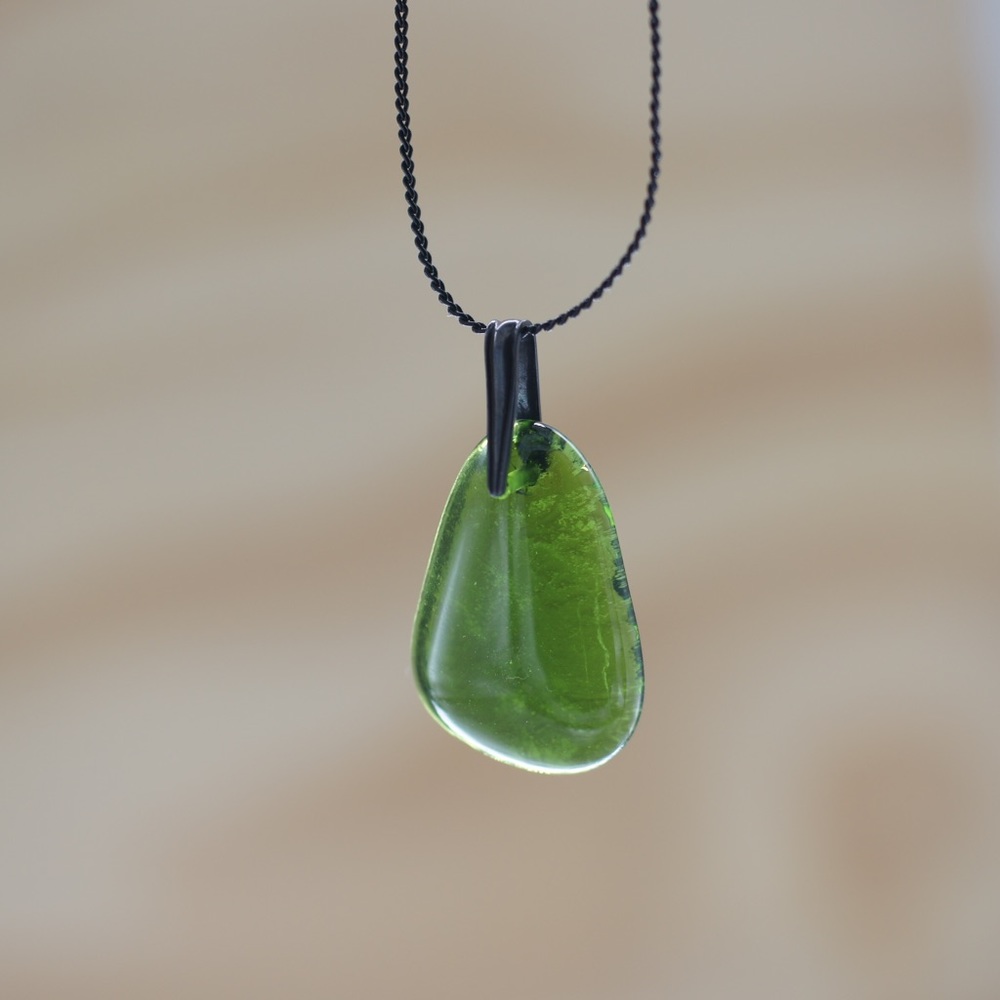 Wine Glass Necklace Green Black Recycled Alcohol Bottle Unique Gift Her Seaglass